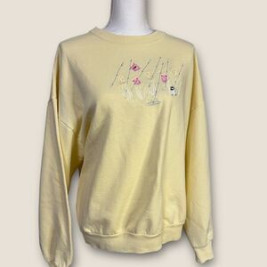 Vintage Embroidered Sweatshirt – Butter Yellow Floral & Bird Design L/XL